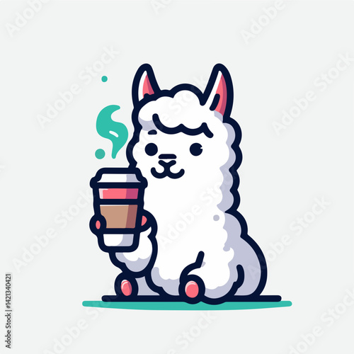 Whimsical Alpaca and Coffee: A charming cartoon alpaca contentedly holding a steaming cup of coffee, radiating warmth, comfort, and a sense of serene relaxation.