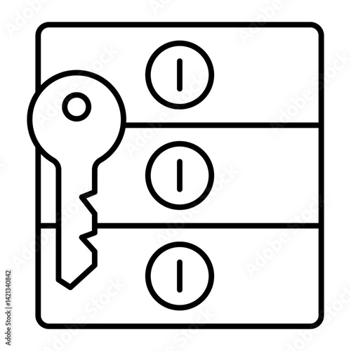 Bank deposit containers with key thin line icon, bank account concept. Vector graphics. Safe box and key sign on white background, linear style for mobile or design.
