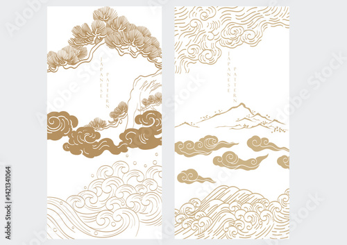 Japanese background with mountain, chinese cloud and bonsai tree pattern vector. Abstract template with geometric wave pattern. Cultue layout design in oriental style