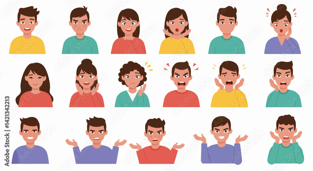 Diverse Emotions Displayed by People in Various Poses on White Background Diverse Emotions Displayed by People in Various Poses on White Background