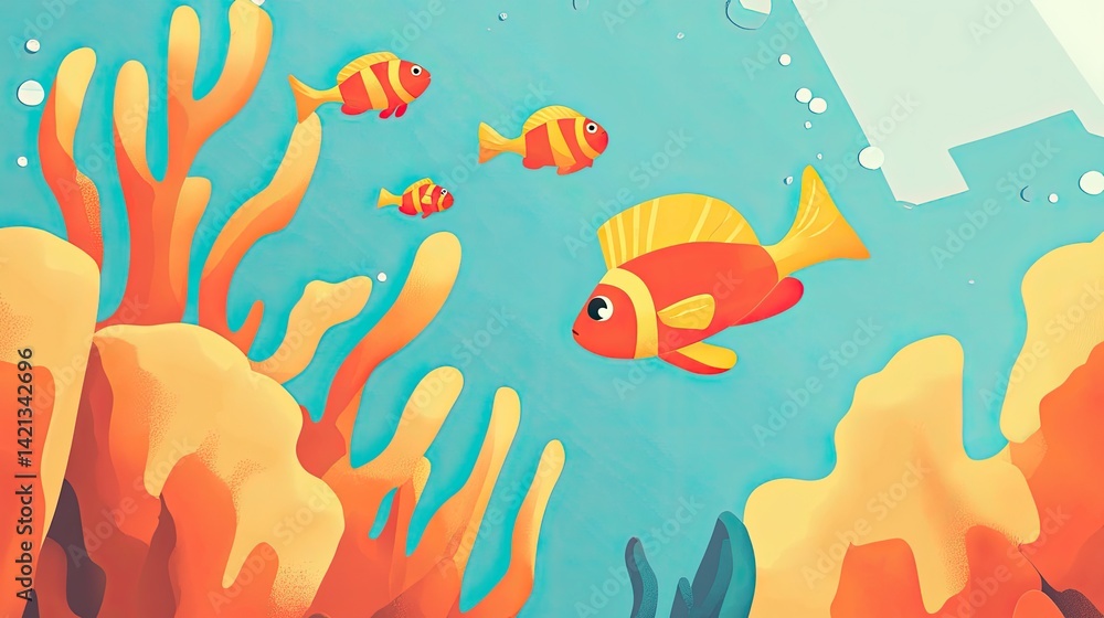 Naklejka premium Vibrant Underwater Scene: Colorful Fish Swimming Amidst Lush Coral Reef