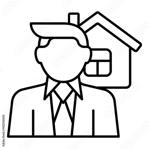 Agent man at house thin line icon, real estate concept. Vector graphics. Man with cottage building, seller sign on white background, linear style for mobile or design.