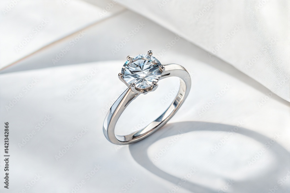 White gold ring with a diamond on a white background, creating a soft shadow effect. (Diamond) White gold ring with a diamond on a white background, creating a soft shadow effect. (Diamond)
