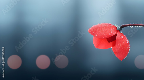 Red Flower with Water Drops Close Up