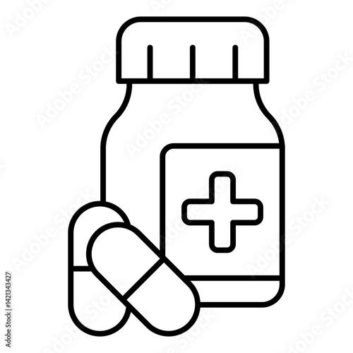 Capsules jar with cross thin line icon, pharmacy medicine concept. Vector graphics. Pills bottle sign on white background, linear style for mobile or design.