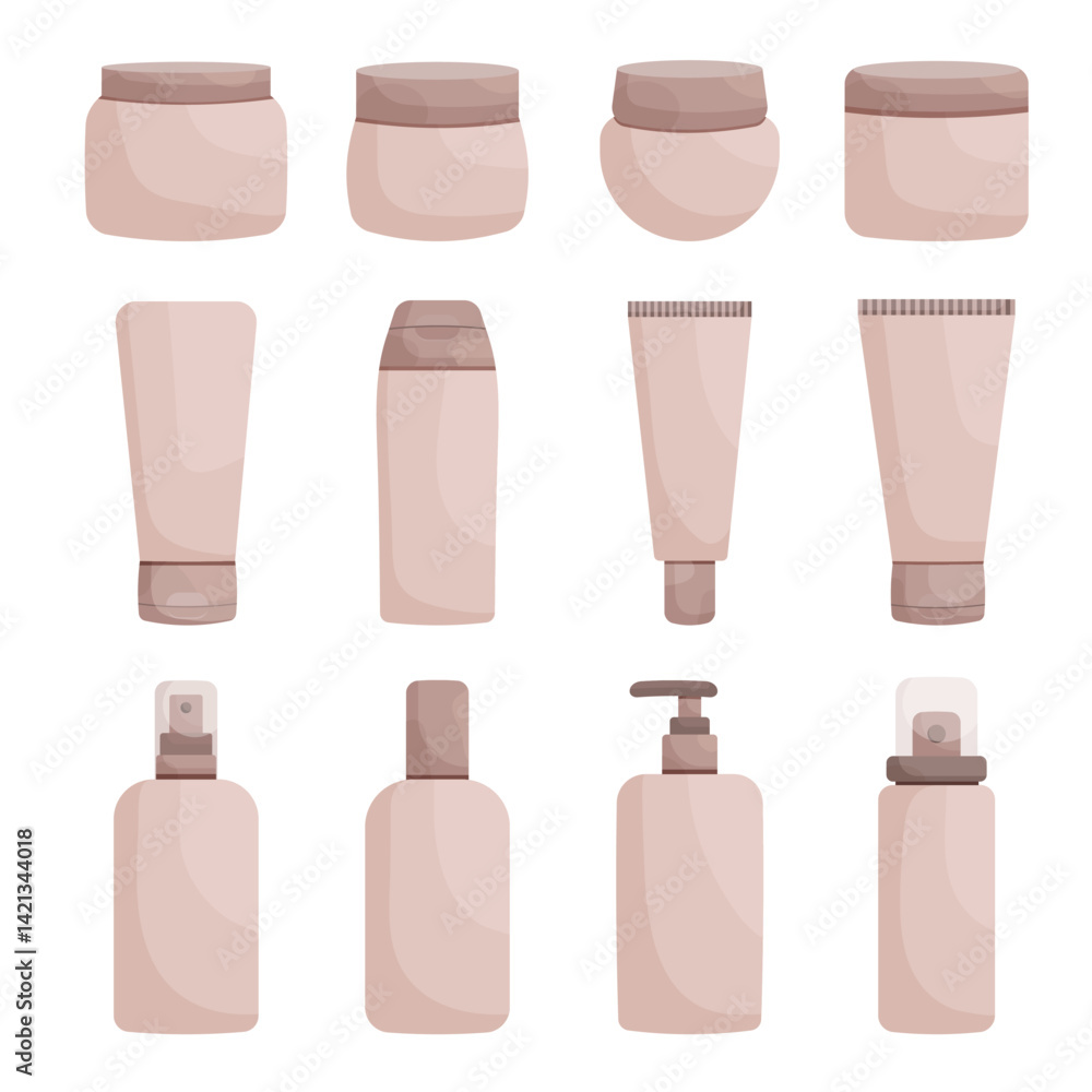 A set of vector cosmetic package and tubes in nude shades, of various shapes and volumes. Cosmetic Packaging Mockup. A set of vector cosmetic package and tubes in nude shades, of various shapes and volumes. Cosmetic Packaging Mockup.