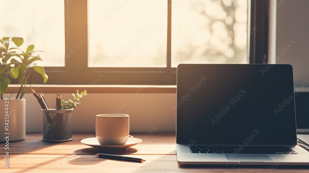 Obraz premium Modern minimalist workspace with laptop, notepad and coffee cup on wooden desk in warm neutral tones and soft natural light. Clean Scandinavian design,