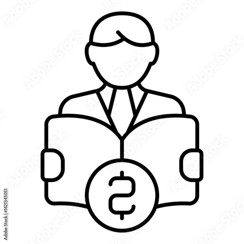 Man with journal and coin thin line icon, financial advice concept. Vector graphics. Financial notes, book sign on white background, linear style for mobile or design.
