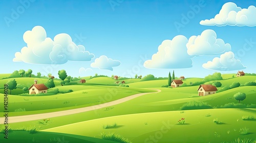 Picturesque Village Landscape Rolling Hills and Sunny Sky Idyllic Rural Scene