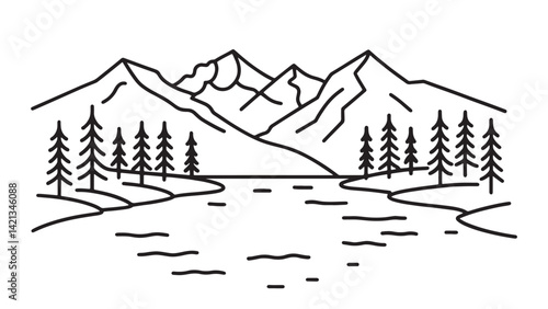  Serene lake nestled among towering mountains and lush trees, reflecting the natural beauty of the landscape line art flat vector illustration.