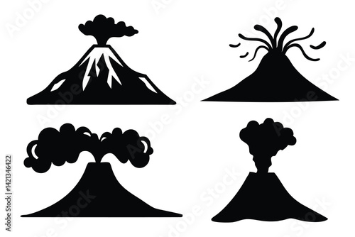 Set of volcano silhouettes isolated flat vector illustration on white background.