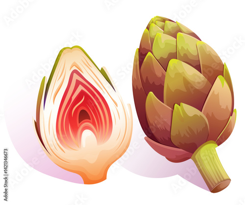detailed whole and cut artichoke