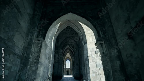 Camera zooms in through Gothic corridor where bounce light softly reveals the underside of arches, enhancing texture without breaking the moody tone. Concept of quiet mystery and architectural drama