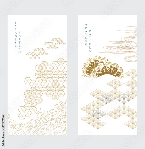 Japanese background with geometric pattern with trdiotnal icon vector. Wave pattern and bonsai tree element template