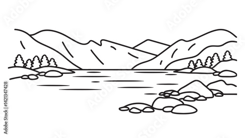 Tranquil lake bordered by majestic mountains and rocky formations, showcasing a picturesque natural scene line art flat vector illustration.