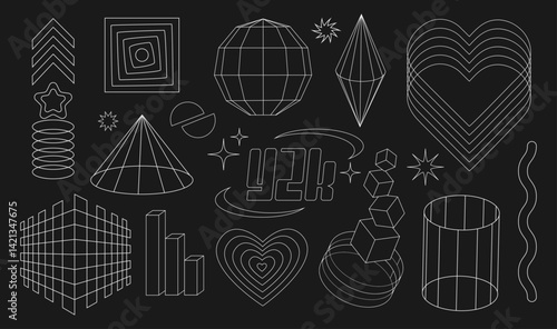 Geometry wireframe shapes and grids in neon white color. 3D hearts, abstract backgrounds, patterns, cyberpunk elements in trendy psychedelic rave style. 00s Y2k retro futuristic aesthetic.