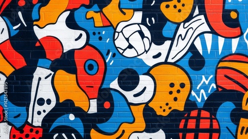 Colorful abstract graffiti art covering a brick wall facade