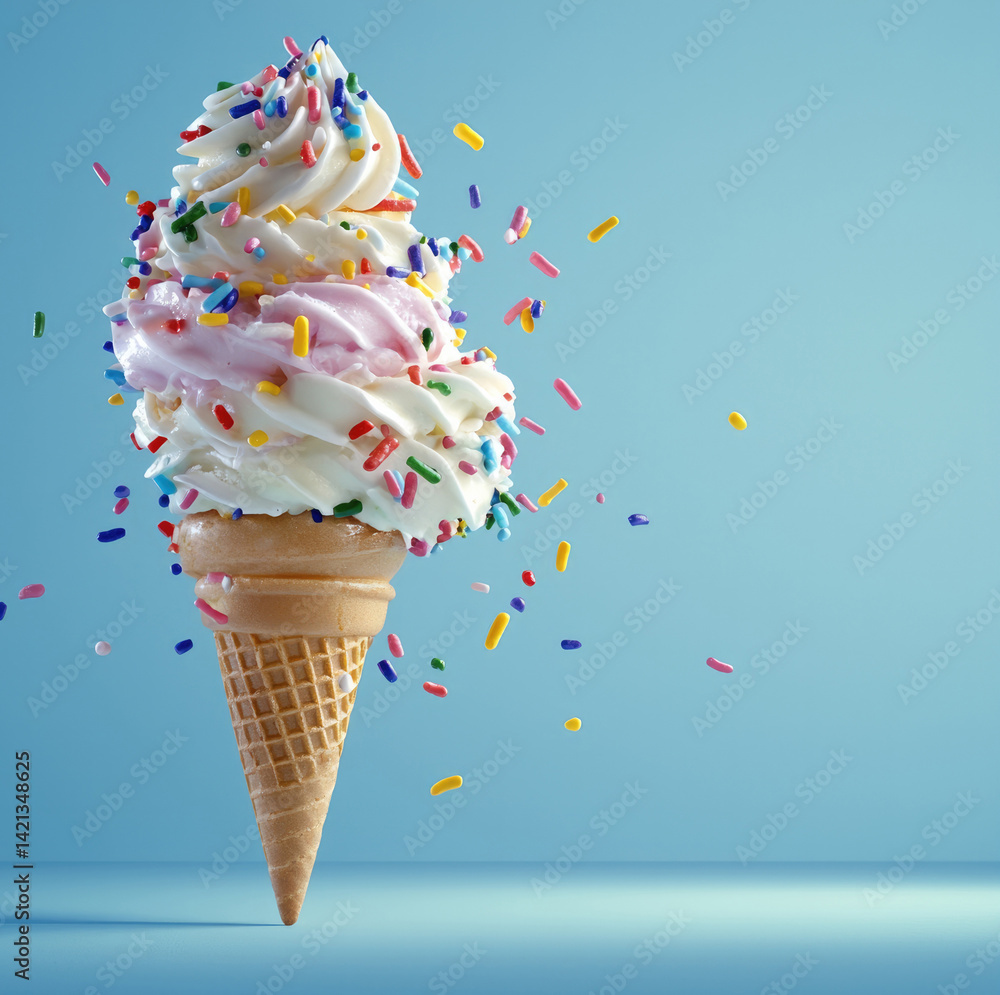 Delight in colorful ice cream cone topped with swirls of creamy soft serve and vibrant sprinkles, evoking sense of joy and indulgence