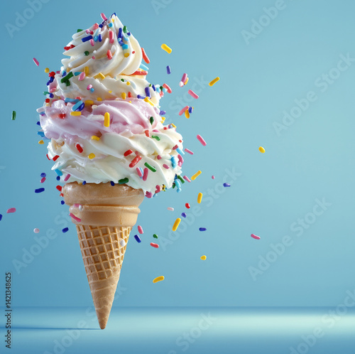 Obraz na płótnie Delight in colorful ice cream cone topped with swirls of creamy soft serve and vibrant sprinkles, evoking sense of joy and indulgence w salonie