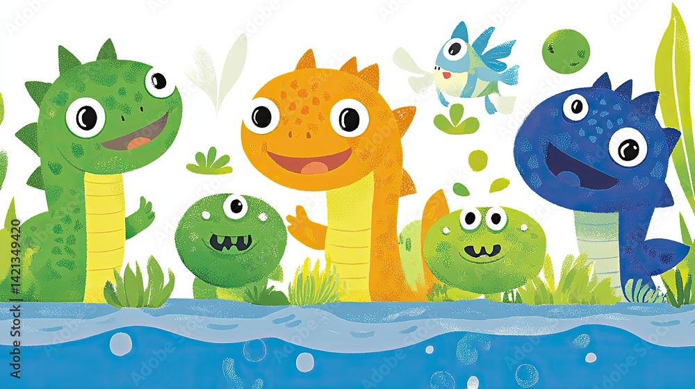 Obraz premium Playful Prehistoric Pals by the Pond: A whimsical illustration featuring adorable cartoon dinosaurs enjoying a day by the water