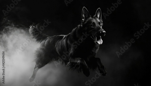 Black German Shepherd leaping in dark smoky background