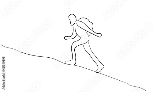 line art of a man with climbing mountain - hiking, traveling, solo campaigning concept.