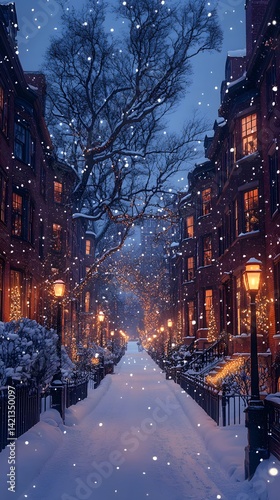 Charming Winter Street Scene With Victorian Holiday Houses Lit Image
