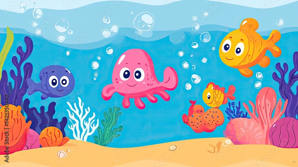 Undersea Adventure: Colorful Cartoon Fish and Octopus in Vibrant Coral Reef Undersea Adventure: Colorful Cartoon Fish and Octopus in Vibrant Coral Reef