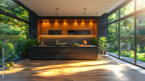 Wallpaper Mural Modern Dark Wood And Stone Kitchen Interior With Sunlight And Greenery Torontodigital.ca