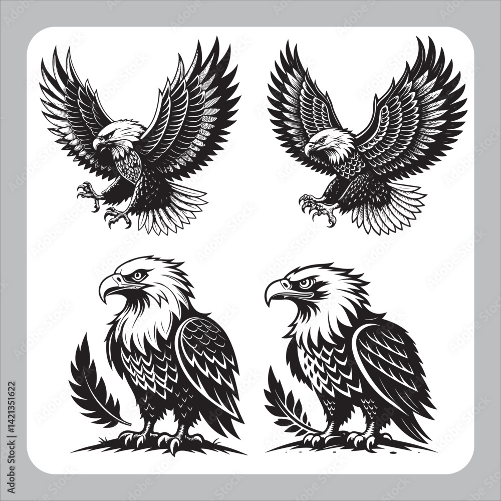 Obraz premium Eagle vector illustration set featuring cartoon and symbolic eagle designs in black and white