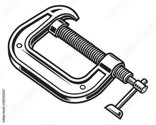 Detailed Line Art Illustration of a Metal C-Clamp Tool