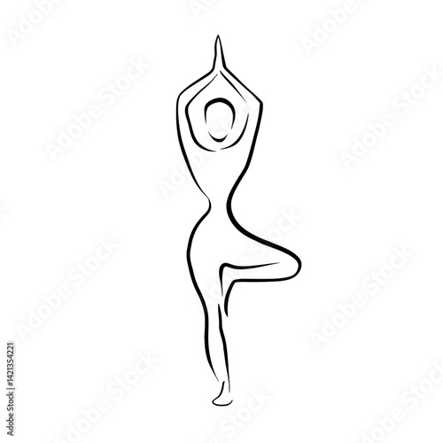 A minimalist line drawing depicts a person in a yoga tree pose, balancing on one leg with hands raised above the head in a serene manner