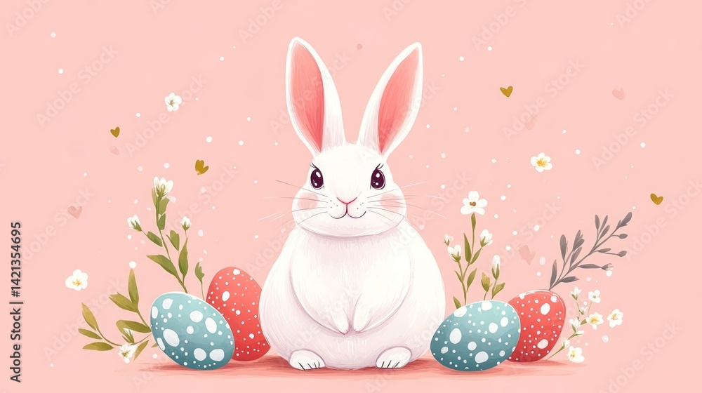 Obraz premium Cute white bunny surrounded by colorful easter eggs illustration