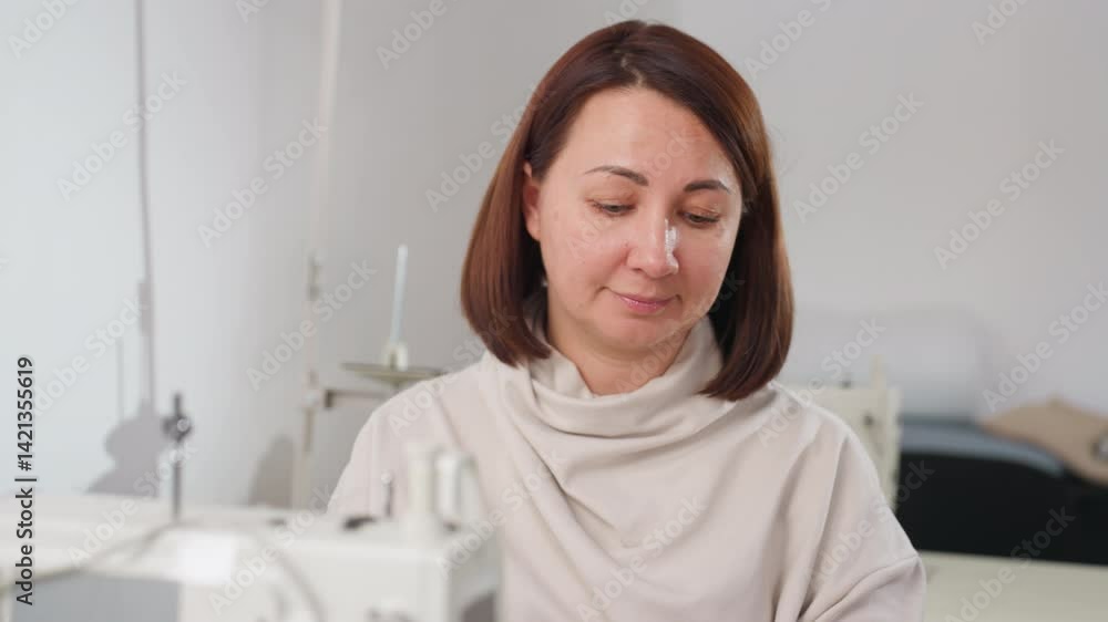 Graceful woman dressed in light top sits on sewing machine chair, carefully arranging fabric for amendment, working with focus and calm in bright organized tailoring workspace surrounded by tools Graceful woman dressed in light top sits on sewing machine chair, carefully arranging fabric for amendment, working with focus and calm in bright organized tailoring workspace surrounded by tools