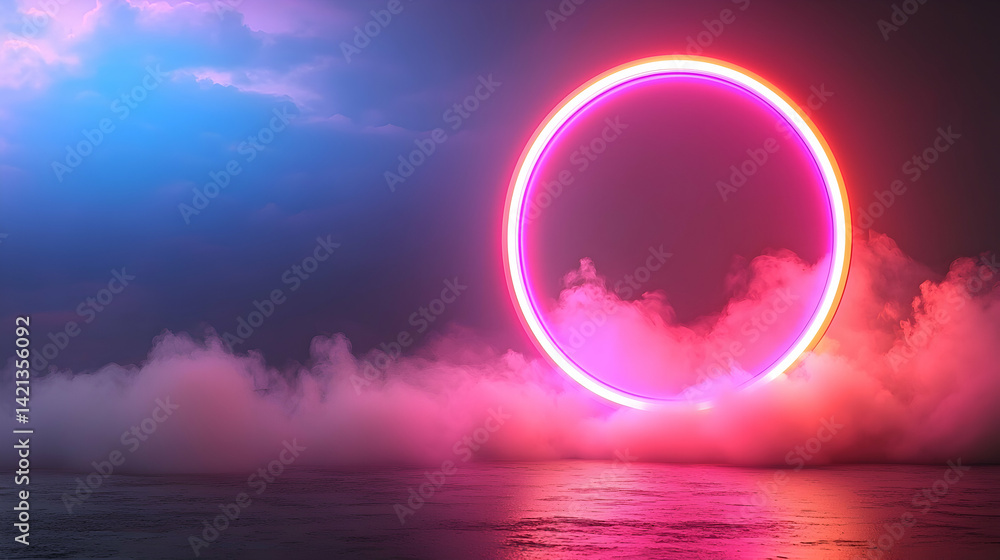 Naklejka premium Pink Neon Circle Glowing in Night Sky Above Foggy Water