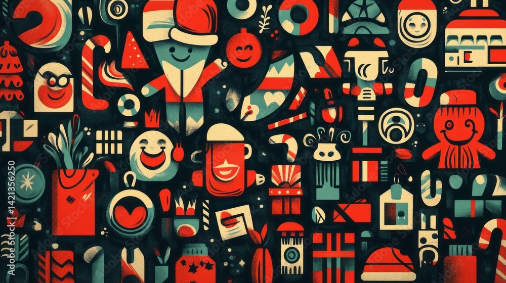 Fototapeta premium Christmas themed pattern with assorted cute icons fills frame