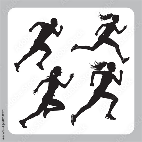 Silhouettes of athletes playing sports and running in action