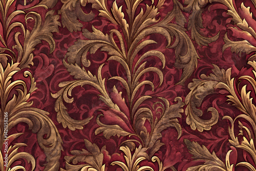 Ornate burgundy fabric with gold leaf design.