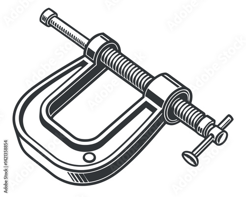 Detailed Line Art Illustration of a Metal C-Clamp Tool