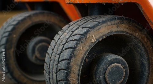 Close-up of Worn Pallet Truck Wheels with Dust Accumulation