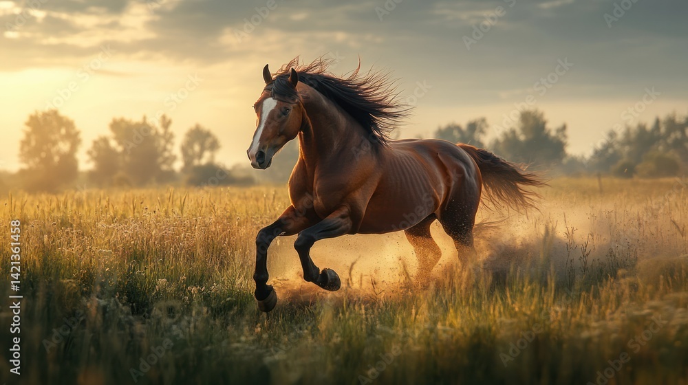 A majestic horse galloping through a field, mane flowing in the wind, freedom, powerful A majestic horse galloping through a field, mane flowing in the wind, freedom, powerful