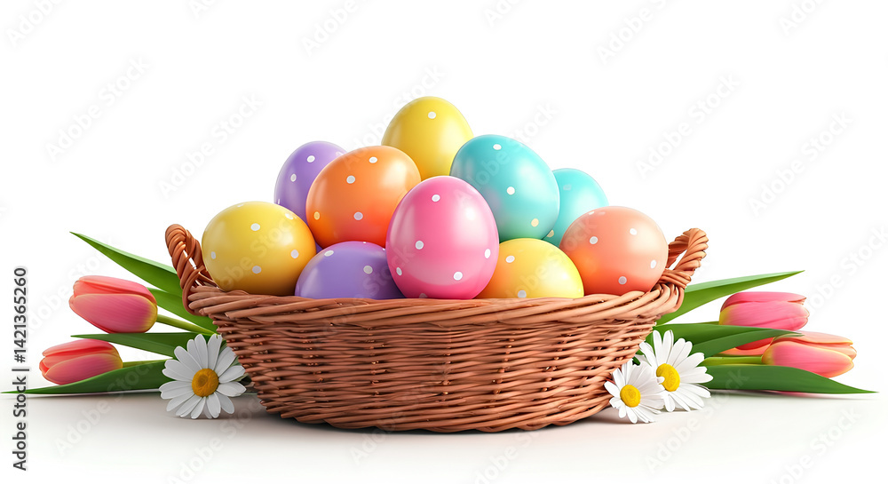 Naklejka premium Colorful Easter Eggs in Basket with Tulips and Daisies
