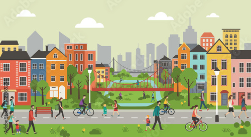A vibrant city scene with colorful houses a bridge and people enjoying outdoor activities