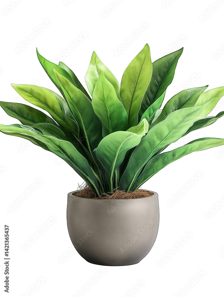Obraz premium A vibrant, artificial plant with large leaves in a light gray pot.