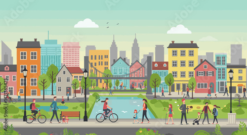 Bustling city scene with colorful buildings green spaces pedestrians and bridge