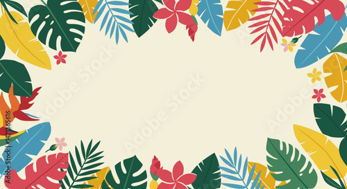 Tropical floral frame colorful leaves and flowers
