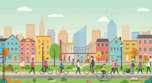 Vector illustration Urban park scene Colorful houses border a green space with people biking and walking cityscape in the background
