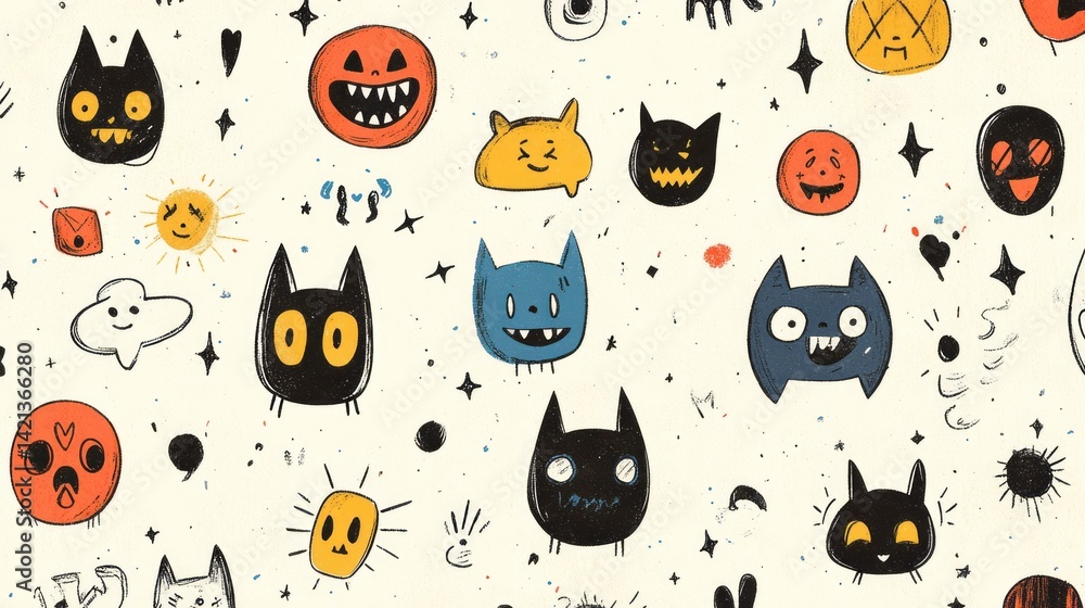 Whimsical hand drawn pattern features spooky yet cute monster faces Whimsical hand drawn pattern features spooky yet cute monster faces