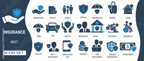Vector icon representing various insurance types including health, travel, home, finance, accident, and family protection.