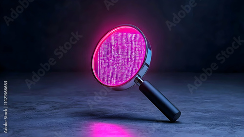 Pink Neon Magnifying Glass with Digital Data on Dark Background